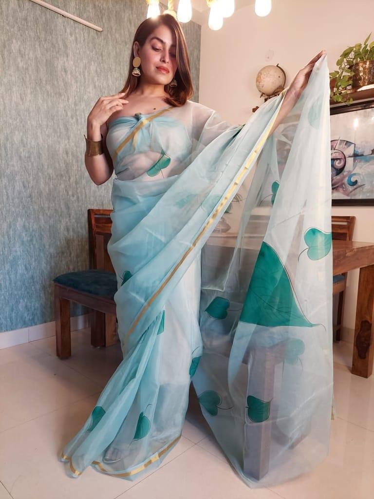 Hand Painted Organza Saree Light Green Colour with touch of gold print in vibrant Indian colours and matching running Blouse-8613 - Sarees | Buy online on ZillyBuy