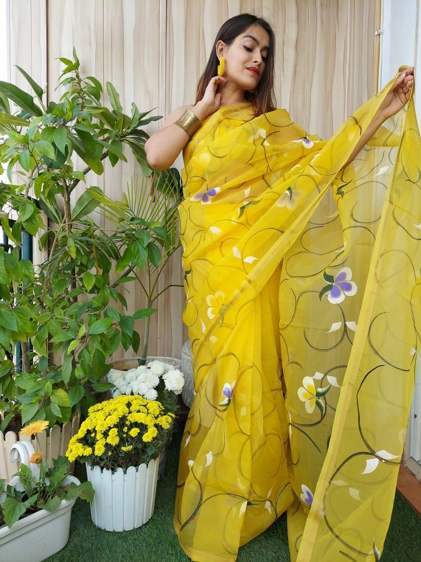 Hand Painted Organza Saree Yellow Colour with touch of gold print in vibrant Indian colours and matching running Blouse-3034