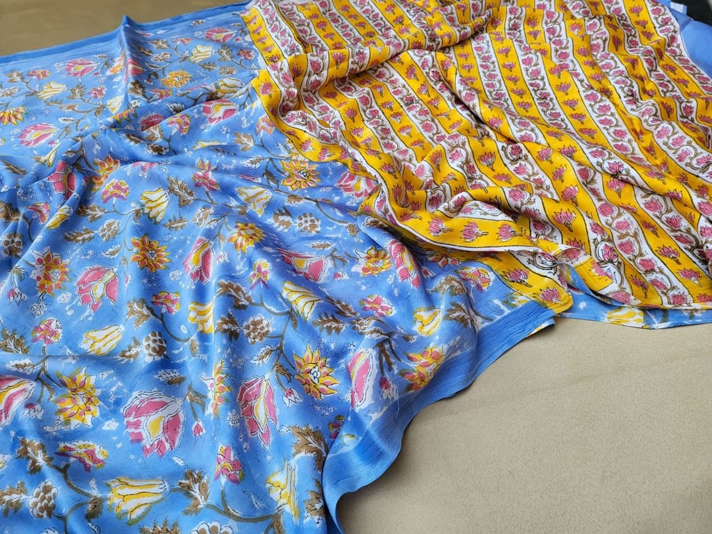 Pure Modal Silk(Imported Silk Fabric) Saree natural dye vegetable hand block print Cornflower Blue Colour with beautiful printed blouse-6001 - Sarees | Buy online on ZillyBuy