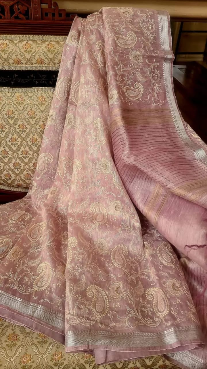 Pure Kota Linen Embroidery Saree Light Peach Colour with running blouse-9530