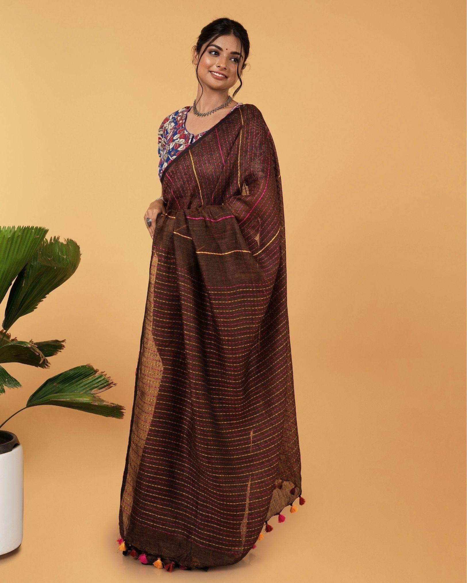 Pure Linen Weaving Design Kantha Work Saree Brown Colour with Kantha Blouse-8913