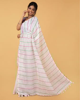 Pure Linen Weaving Design Kantha Work Saree Off White Color with Kantha Blouse-5434