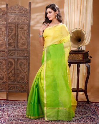 Pure Silk Kota Doria Sarees Citron Green and Yellow Color with running blouse-5401