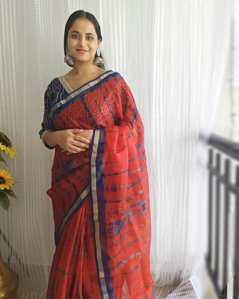 Pure Silk Kota Doria Multi Tye-Dye Sarees Mahogany Red Color with running blouse-8082 - Sarees | Buy online on ZillyBuy