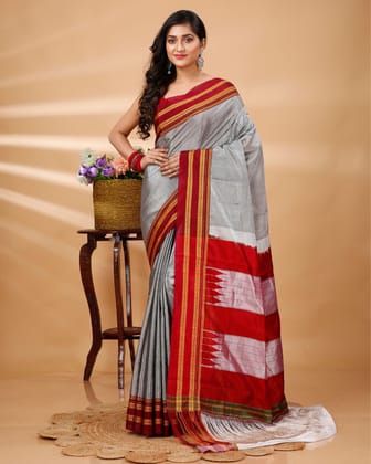 ILKAL Handloom Cotton Silk Saree Silver Grey Color with running blouse-6818