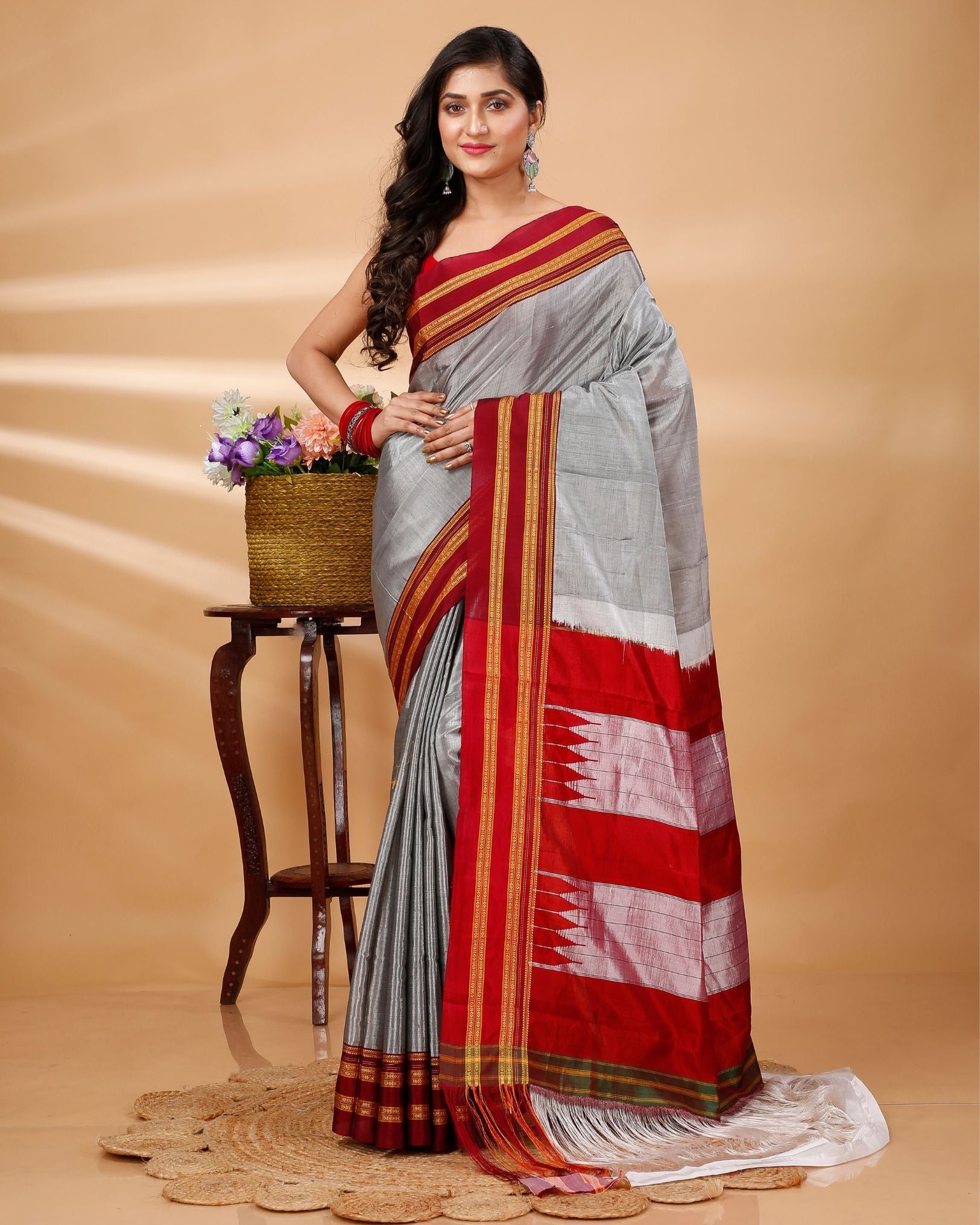 ILKAL Handloom Cotton Silk Saree Silver Grey Color with running blouse-6818