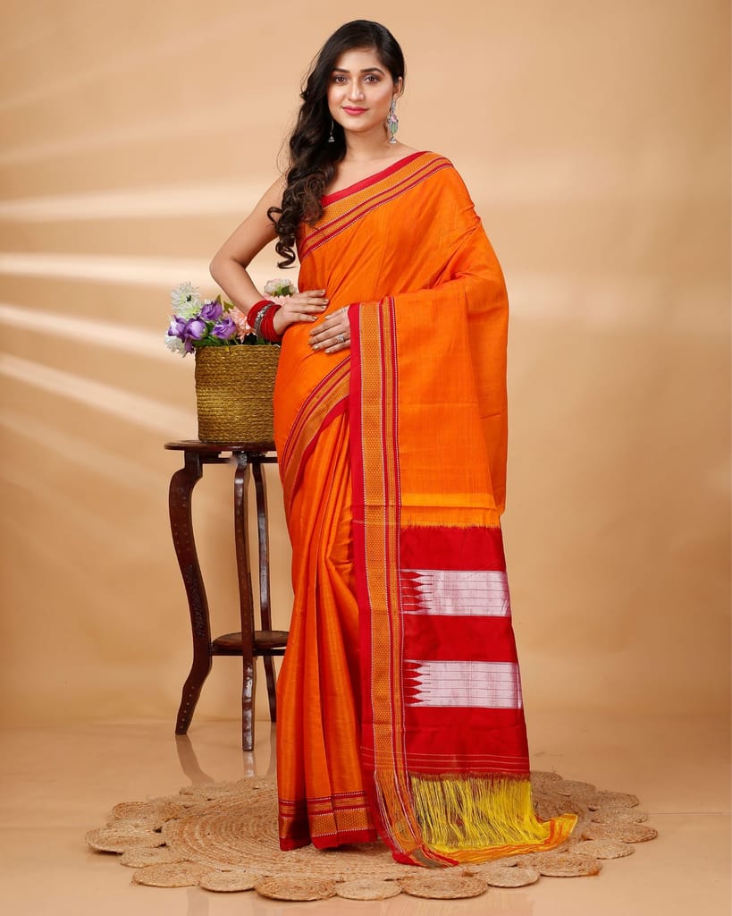 ILKAL Handloom Cotton Silk Saree Bright Orange Color with running blouse-4622 - Sarees | Buy online on ZillyBuy