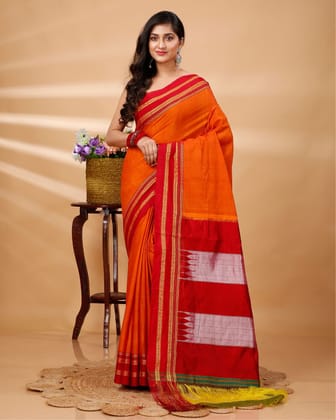 ILKAL Handloom Cotton Silk Saree Orange Color with running blouse-1246