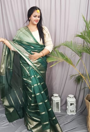 Organza Pure Banarasi Silk Saree With Striped body running blouse Green Color-7024