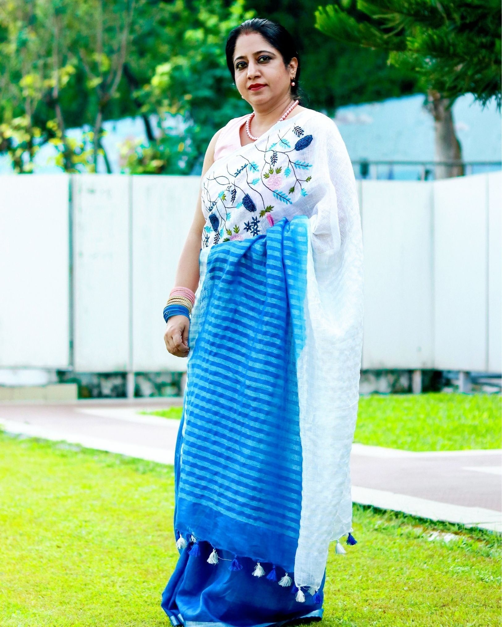 Pure Linen Saree Handloom Hand Embroidered White and Blue double color with attached Running Blouse-3705