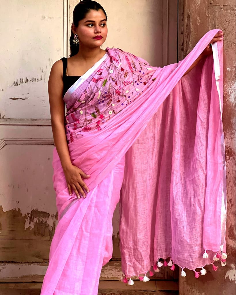 Pure Linen Saree Handloom Hand Embroidered Pink color with attached Running Blouse-9807 - Sarees | Buy online on ZillyBuy
