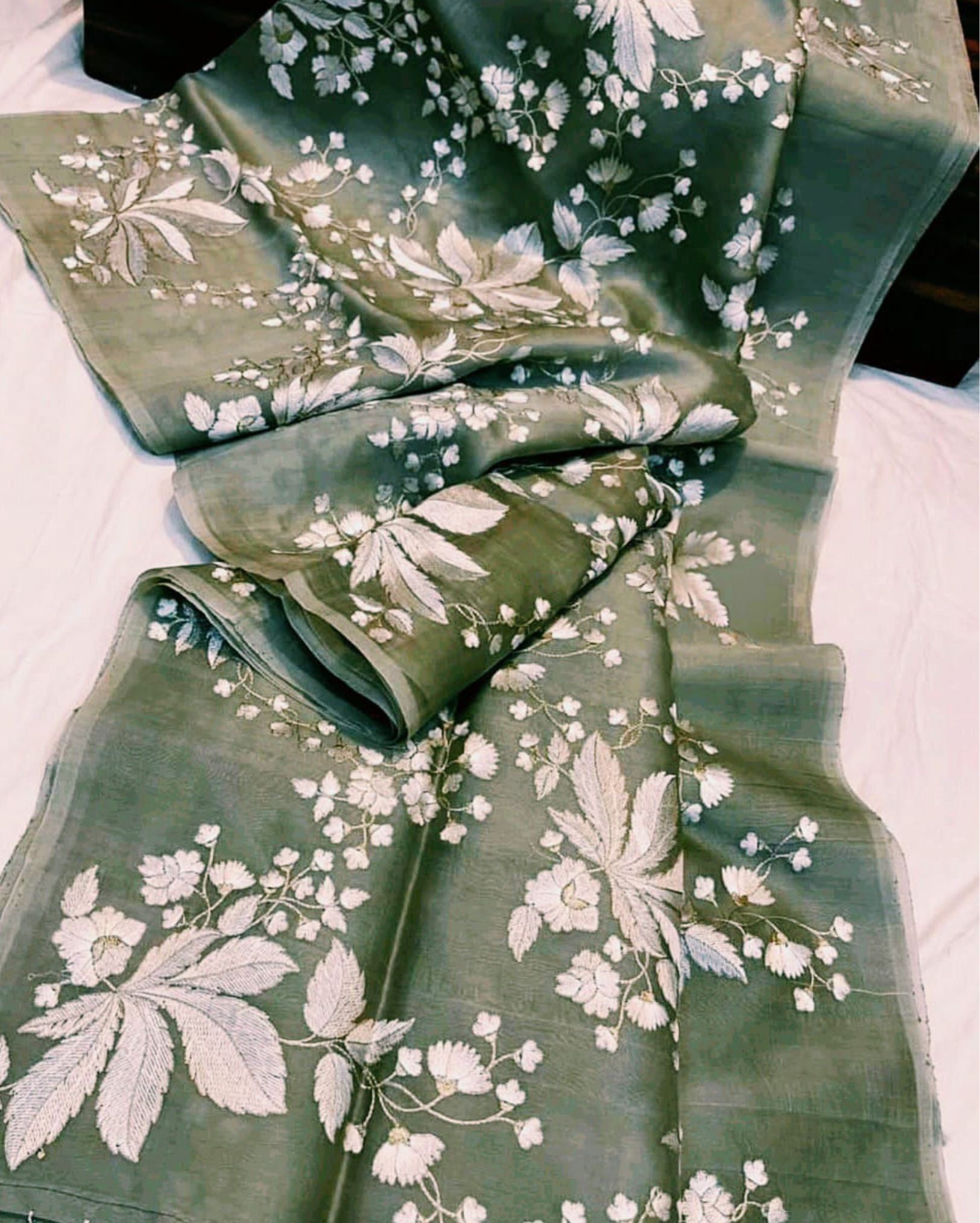 Organza Pure Green colour Silk Saree Digital Embroidered with running blouse-5930