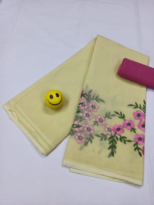 Kota Doria Yellow Pure Cotton Embroidery Saree With Blouse Handcrafted-1875
