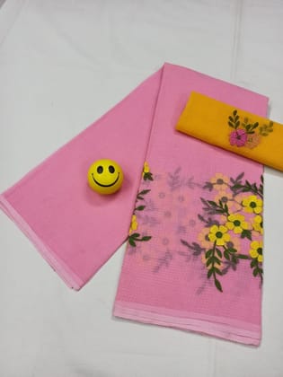 Kota Doria Pink Pure Cotton Embroidery Saree With Blouse Handcrafted-2078