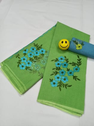 Kota Doria Green Pure Cotton Embroidery Saree With Blouse Handcrafted-7953