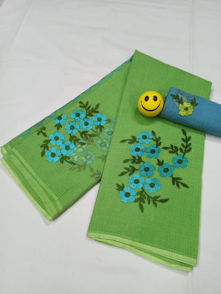 Kota Doria Green Pure Cotton Embroidery Saree With Blouse Handcrafted-7953