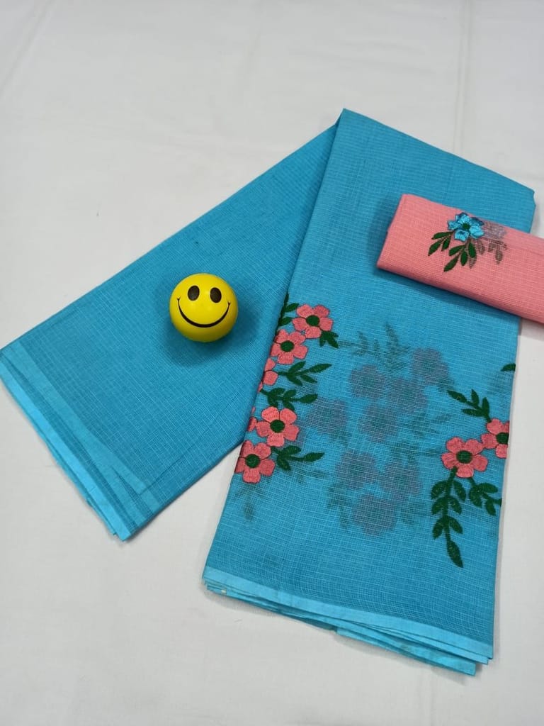 Kota Doria Blue Pure Cotton Embroidery Saree With Blouse Handcrafted-6757 - Sarees | Buy online on ZillyBuy