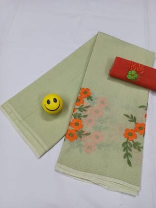 Kota Doria Pale Green Pure Cotton Embroidery Saree With Blouse Handcrafted-7650