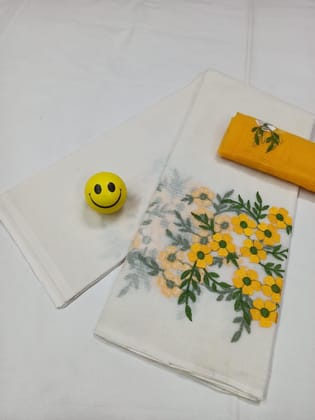 Kota Doria White Pure Cotton Embroidery Saree With Blouse Handcrafted-9089