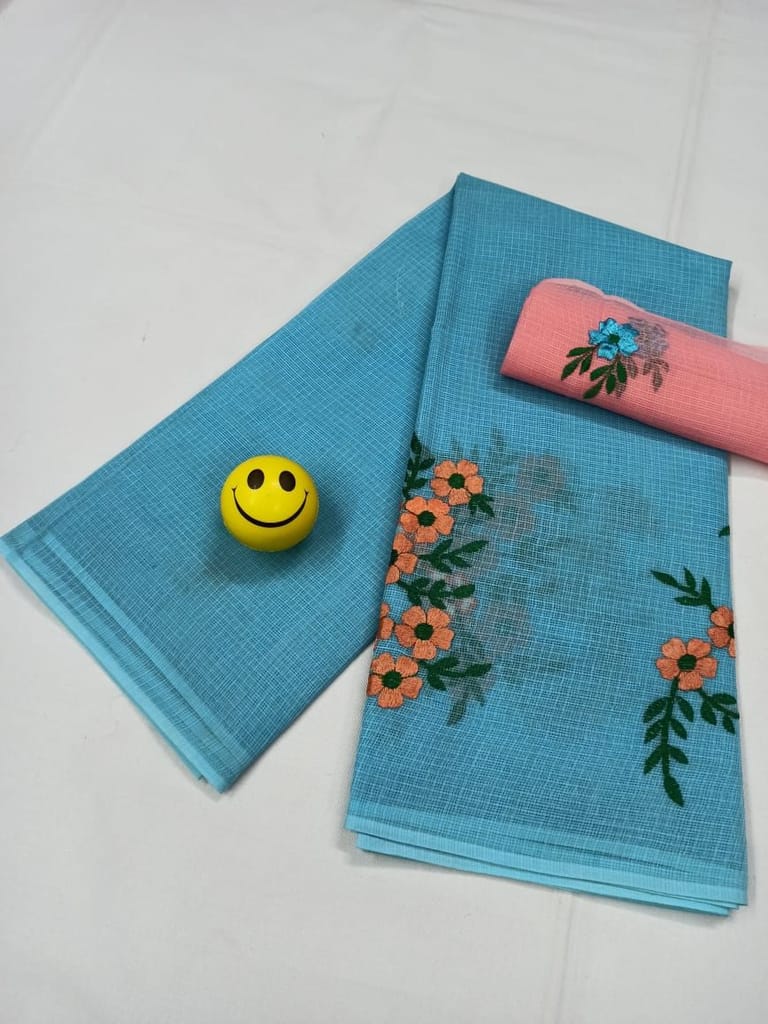 Kota Doria Blue Pure Cotton Embroidery Saree With Blouse Handcrafted-8633 - Sarees | Buy online on ZillyBuy