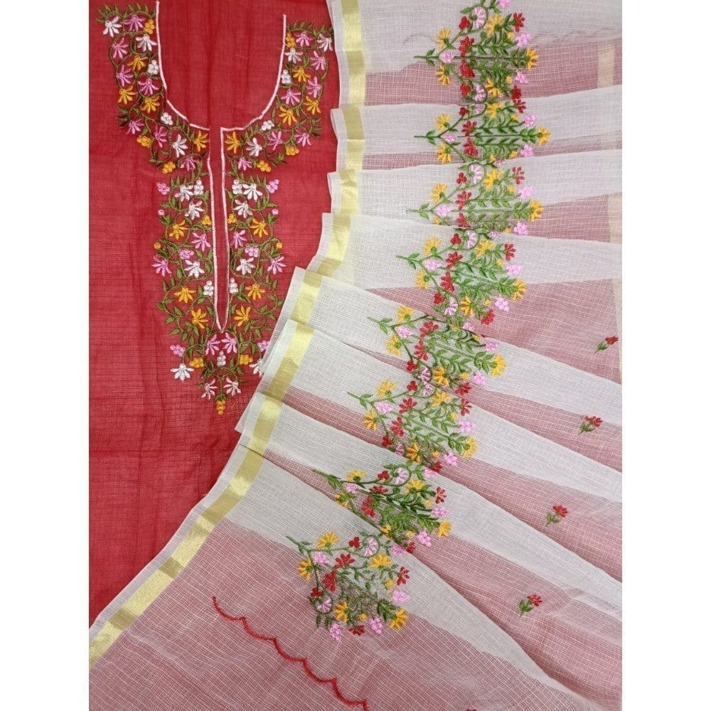 Kota Doria Suit Material 2 Piece Embroidered (Only Top and Dupatta)-3625