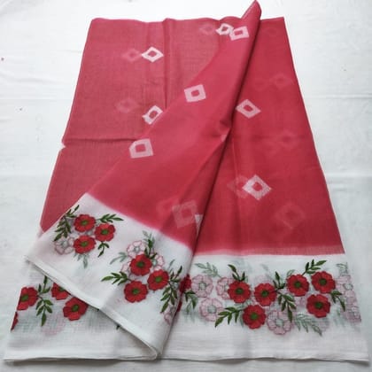 Kota Doria Saree Bandhej and Embroidery Work With Blouse Handcrafted-7518