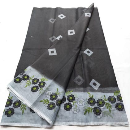 Kota Doria Bandhej and Embroidery Work Black Color Saree With Blouse Handcrafted-8808