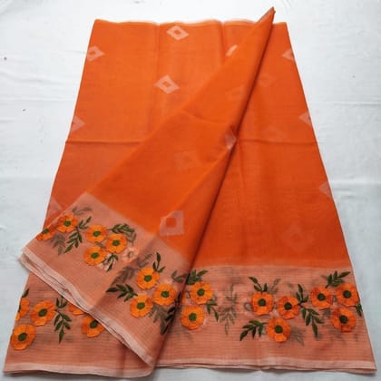 Kota Doria Bandhej and Embroidery Work Saree Orange Color With Blouse Handcrafted-6479