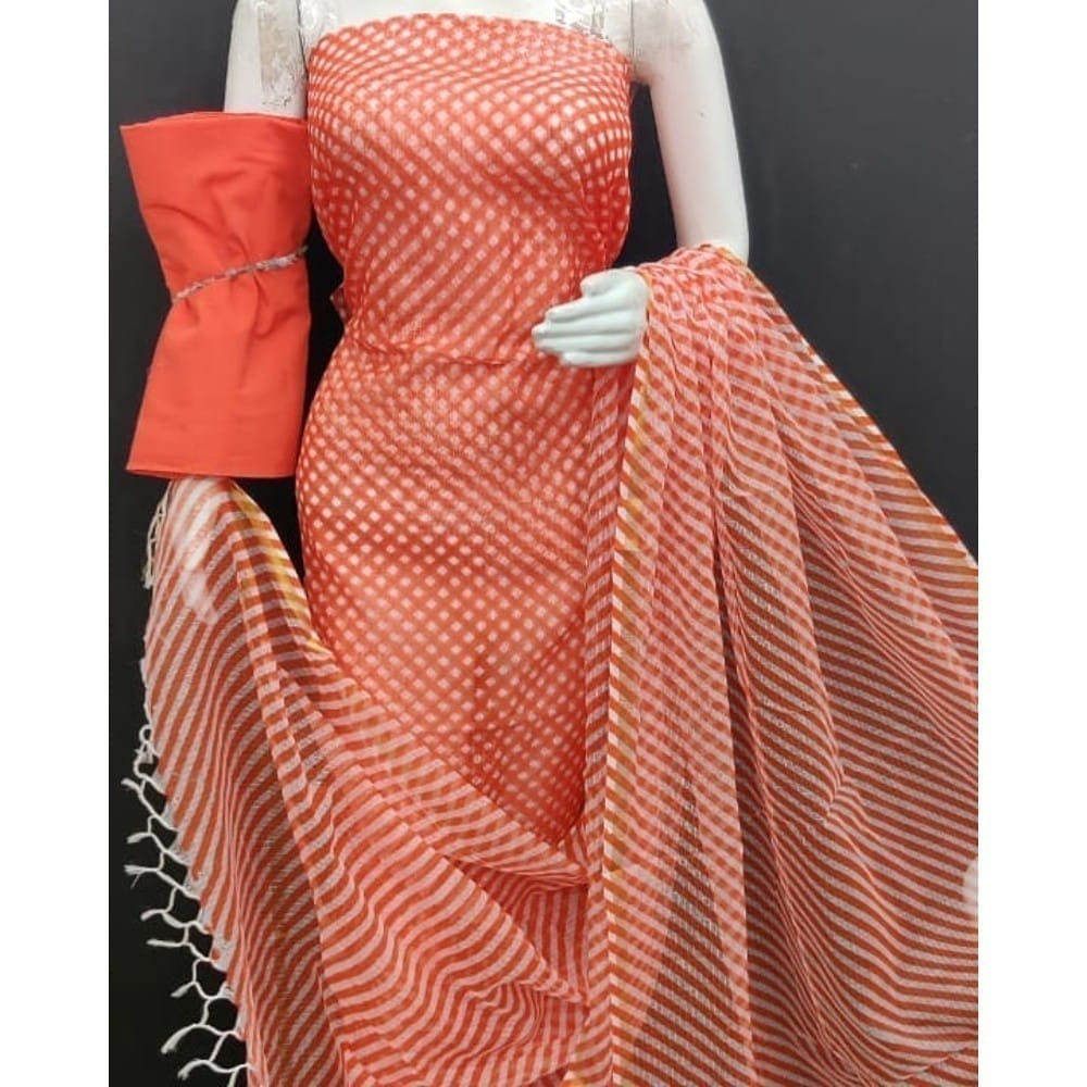 Kota Doria Orange Suit Material 2 Piece Lehariya Tie And Dye (Only Top And Dupatta)-7312