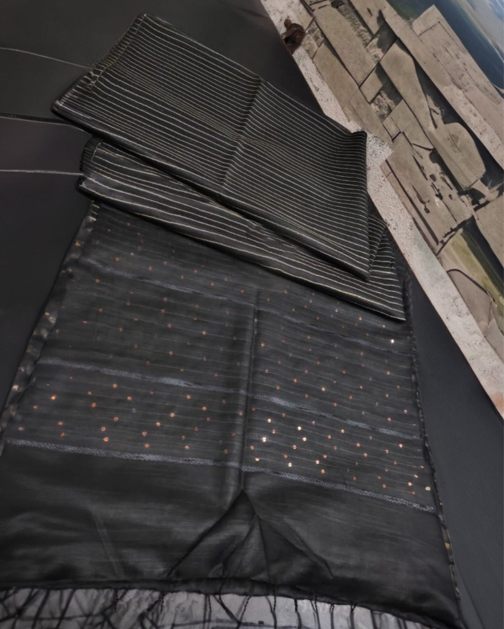 Katan Silk Saree Striped Payne's Grey Design with Running Blouse Handcrafted-3330