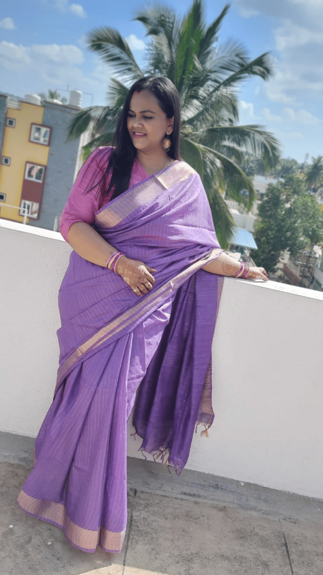 Katan Silk Purple Saree Striped Design with Running Blouse Handcrafted-6553