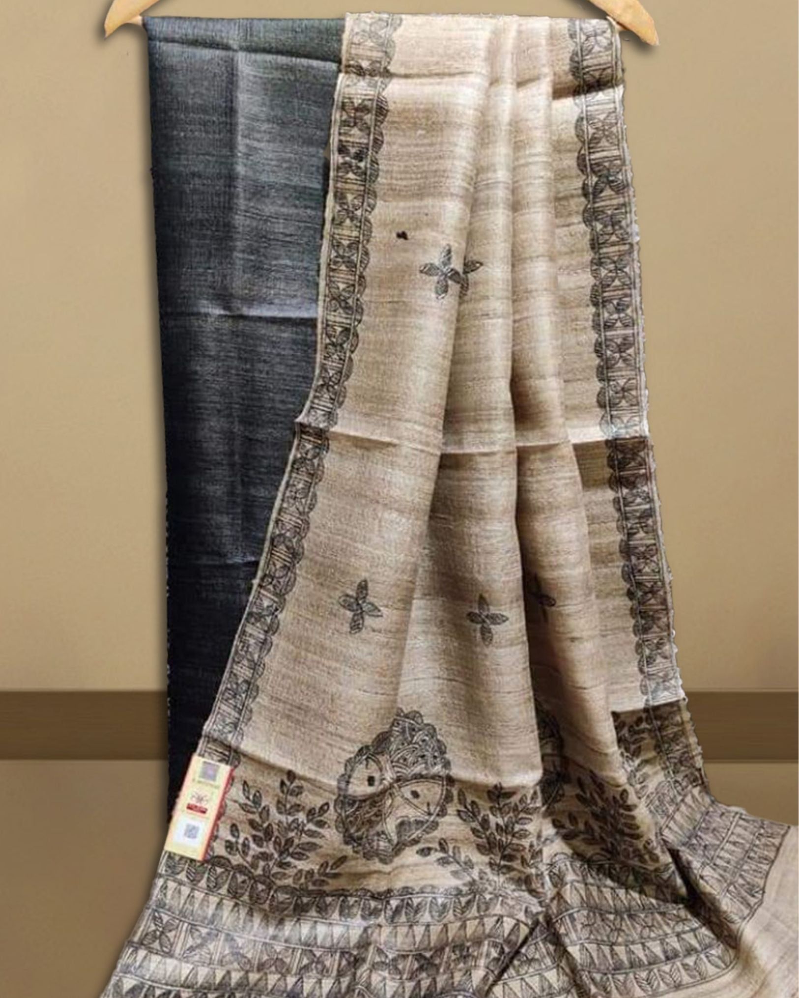 Silkmark Certified Tussar Grey Silk Madhubani Dupatta and Plain Tussar Silk Top (Tussar by Tussar)-6035
