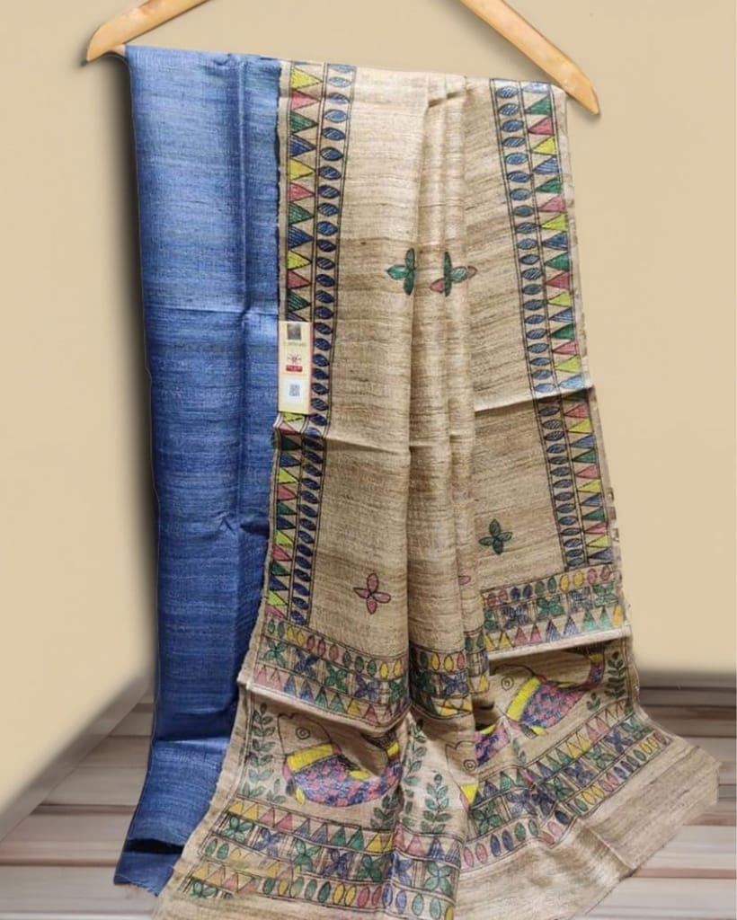 Silkmark Certified Tussar Blue Silk Madhubani Dupatta and Plain Tussar Silk Top (Tussar by Tussar)-7302 - Dupattas & Shawls | Buy online on ZillyBuy