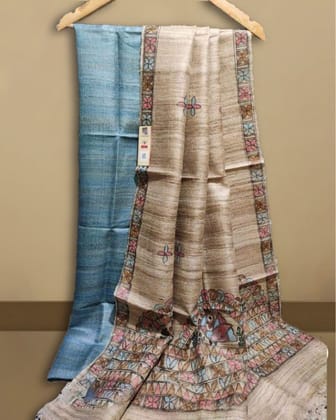 Silkmark Certified Tussar Hoki Blue Silk Madhubani Dupatta and Plain Tussar Silk Top (Tussar by Tussar)-3674