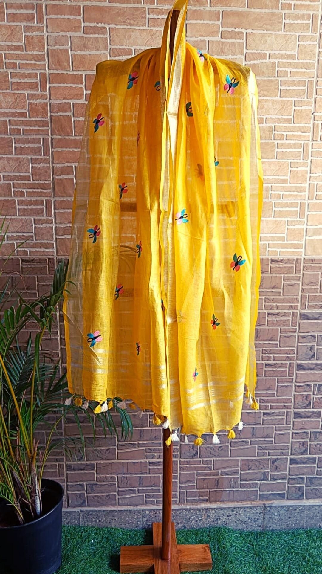 Pure Linen Dupatta Embroidered Energy Yellow Color with Tassel-7901