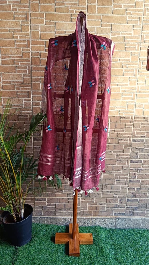 Pure Linen Dupatta Embroidered Wine Red Color with Tassel-5431 - Dupattas & Shawls | Buy online on ZillyBuy