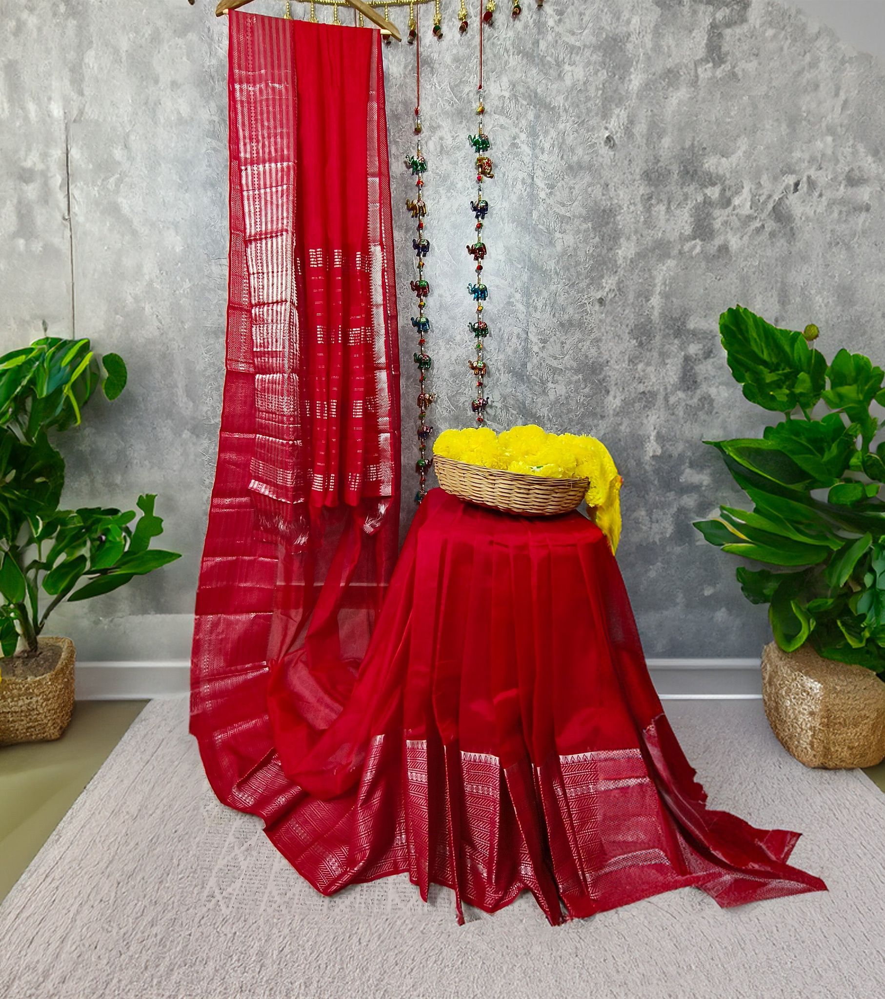 Mangalagiri Pattu Saree Carmine Red Color 200 K Border with Zari lines and running blouse-4176