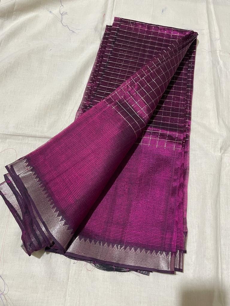Mangalagiri Pattu Silk Saree checks design Dark Raspberry Violet Color with running blouse-1909