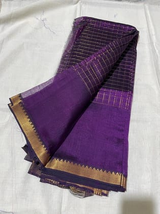 Mangalagiri Pattu Silk Saree checks design Japanese Violet Color with running blouse-2881