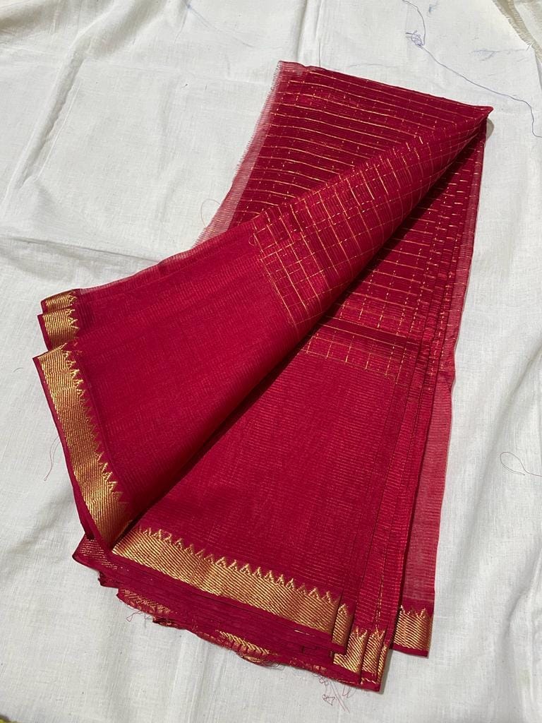 Mangalagiri Pattu Silk Saree checks design Carmine Red Color with running blouse-8709 - Sarees | Buy online on ZillyBuy