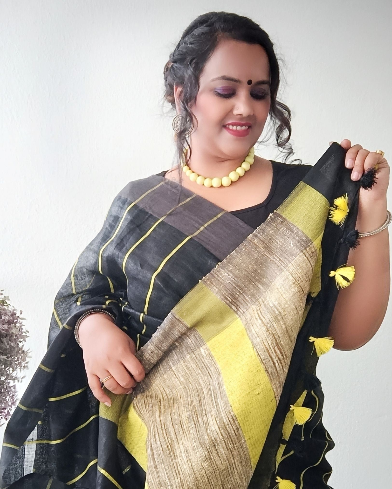 Pure Linen Saree Striped Design Arsenic Black Color with running blouse-5137