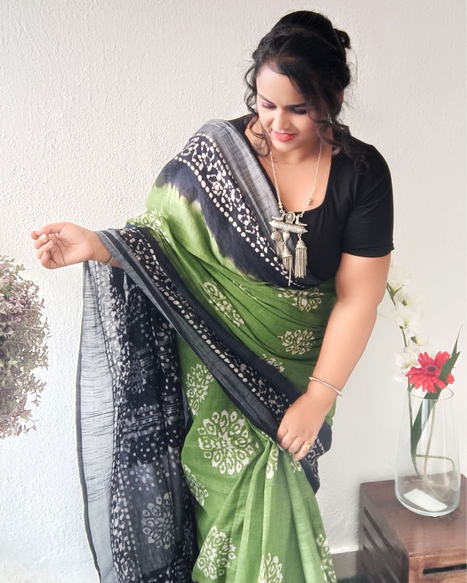 Slub Linen Saree Batik Print Moss Green Color with running blouse-7891