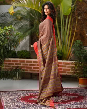 Pure Cotton Handloom Saree Plain Body Martini Brown Color with running blouse-2270