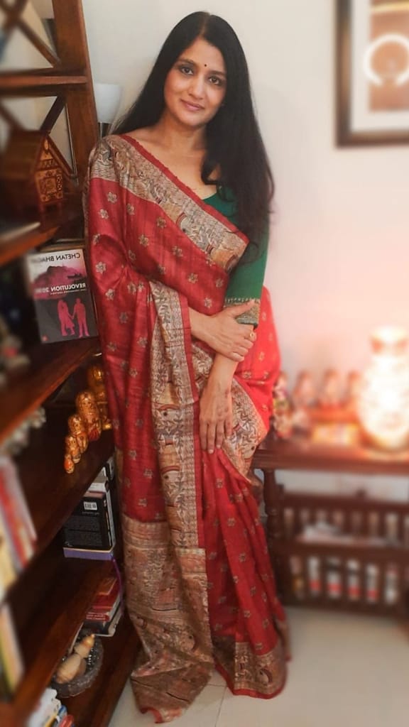 Silkmark Certified Tussar Silk Handloom Saree Handblock Print Medium Carmine Red Color with running blouse-5768 - Sarees | Buy online on ZillyBuy