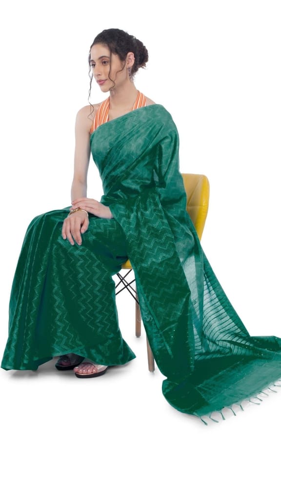 Kota Silk Saree Hooker's Green Color Sequence Pallu and full body Zig-Zag Design with running blouse-9639 - Sarees | Buy online on ZillyBuy