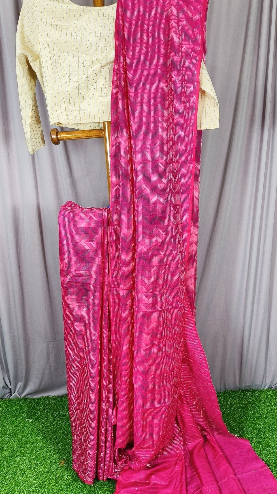 Kota Silk Saree Deep Cerise Pink Color Sequence Palu and full body Zig-Zag Design with running blouse-8398
