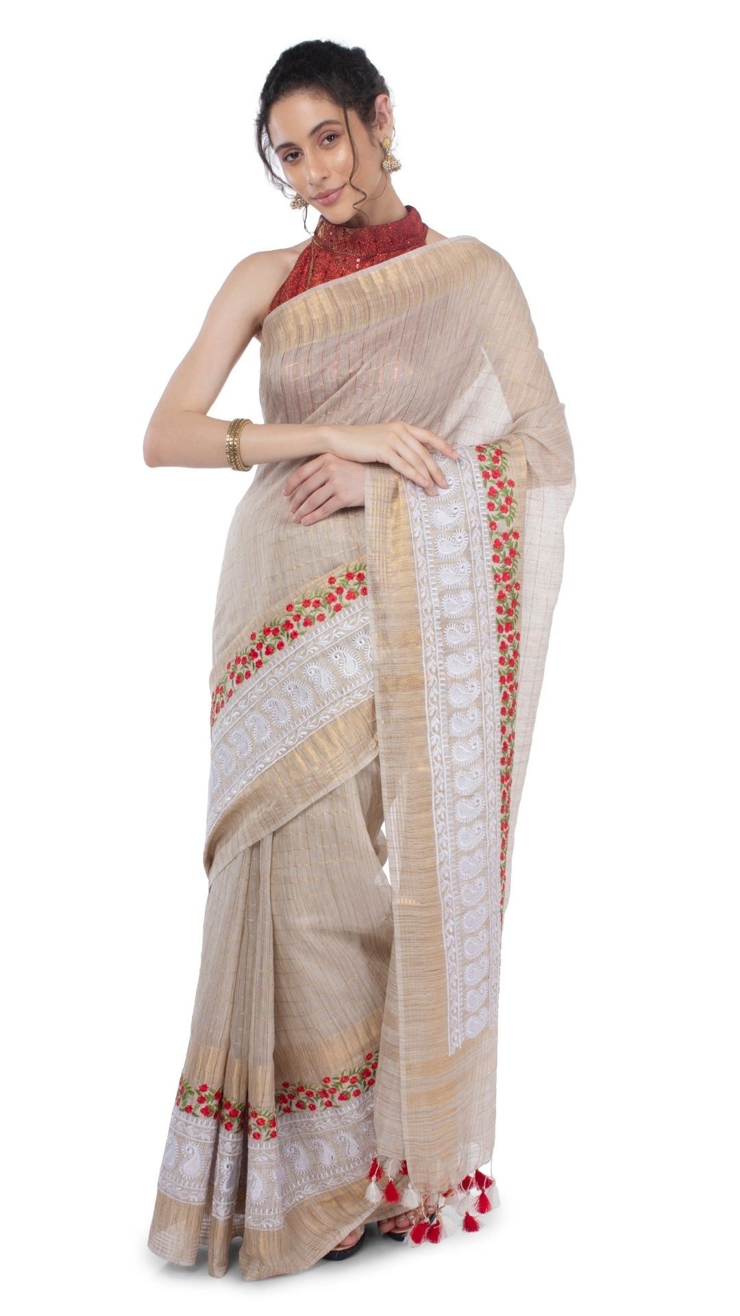 Bansbara Silk Saree Pale Silver Color Zaquard design with Golden Check and Digital Embroidery along running blouse-5317