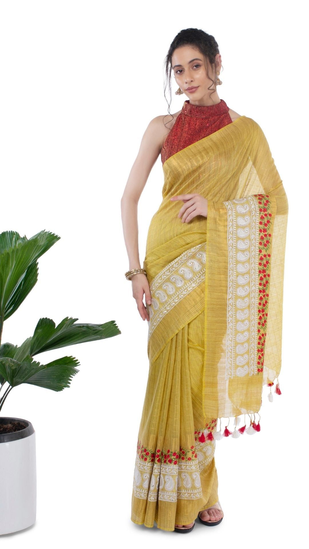 Bansbara Silk Saree Vegas Gold Yellow Color Zaquard design with Golden Check and Digital Embroidery along running blouse-8054