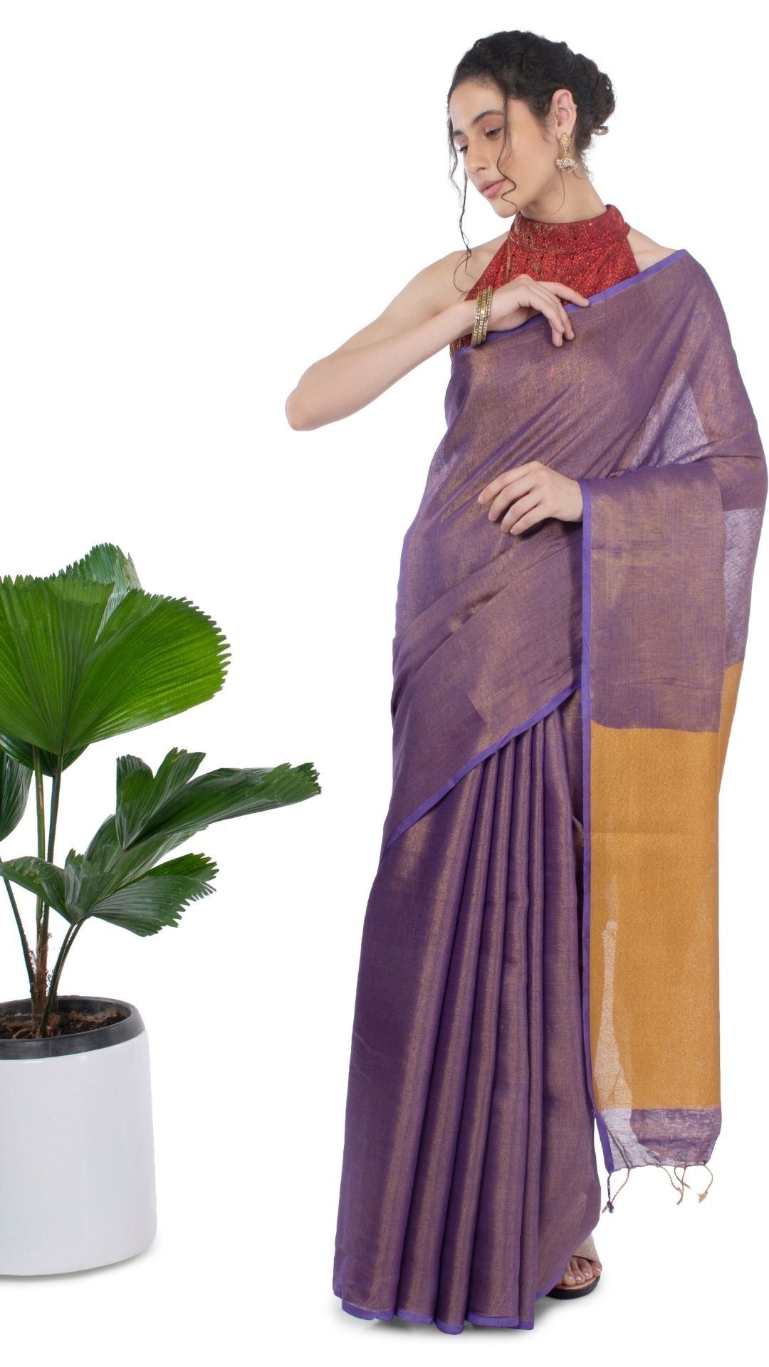 Tissue Linen Saree Blackberry Purple Color with Gold Shimmer contrast pallu and running blouse-9026