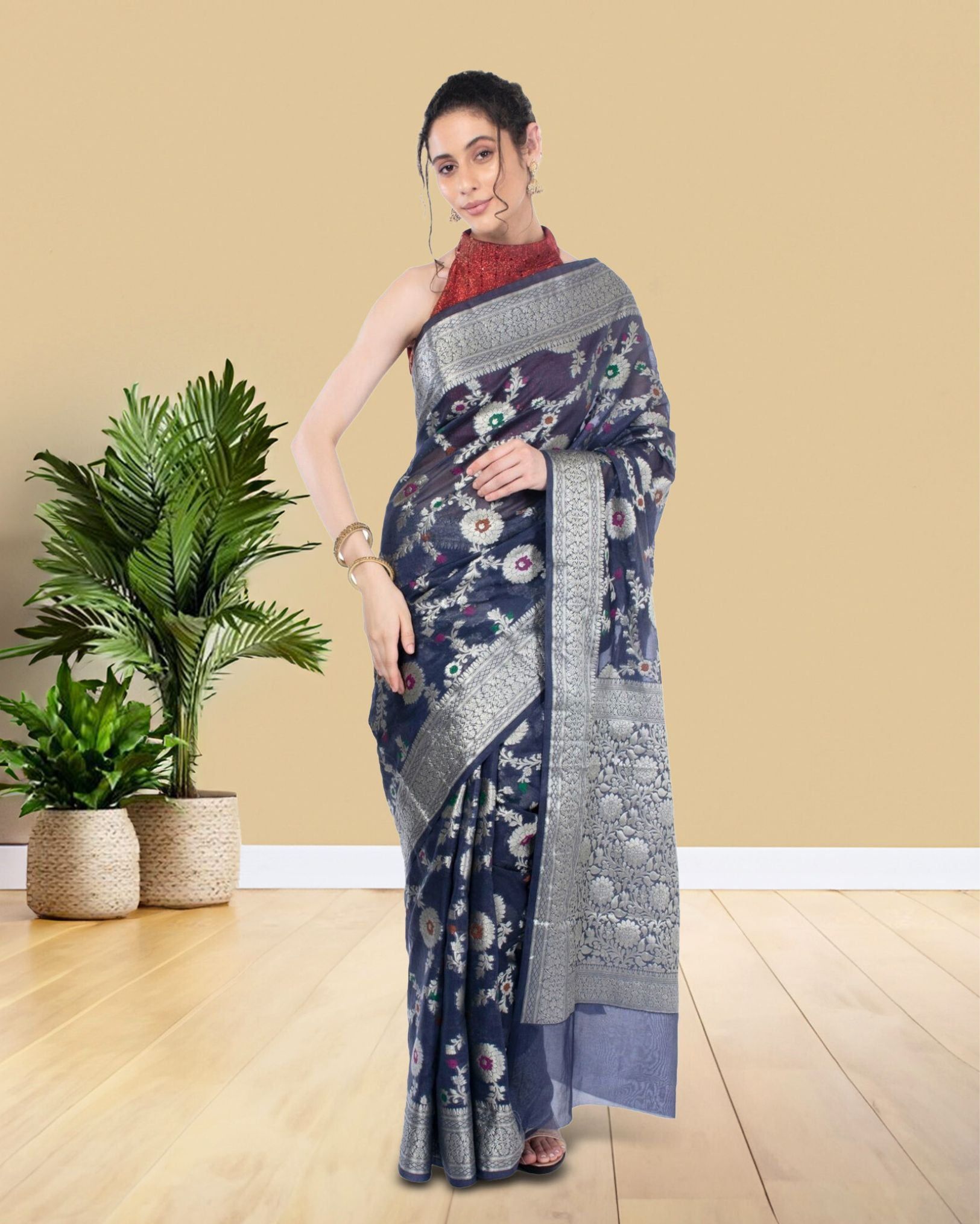 Katan Banarasi Silk Saree Mulled Wine Violet Color with running blouse-4602